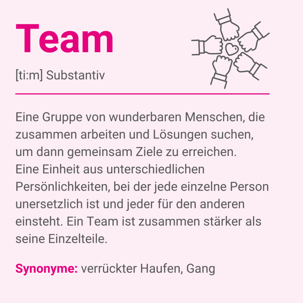 Team Definition und Illustration von sechs Händen, die sich in einem Kreis über einem Herz in der Mitte treffen.